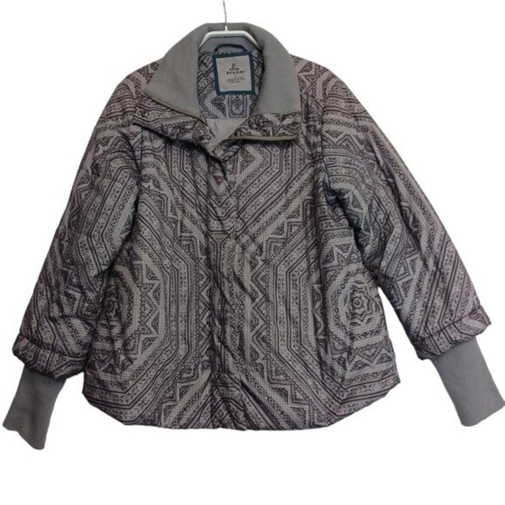 Prana Womens Grey Geometric Kaleidoscope Print Puffer Jacket Ribbed Cuffs Small